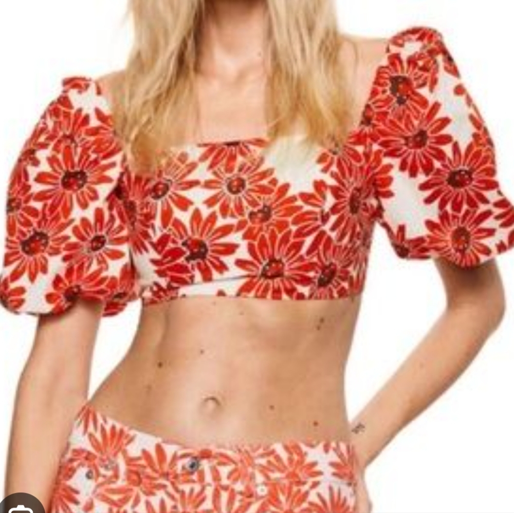 Mango Floral Daisy Puff Bubble Sleeve Crop Top Blouse Size Medium Cotton - Picture 2 of 10